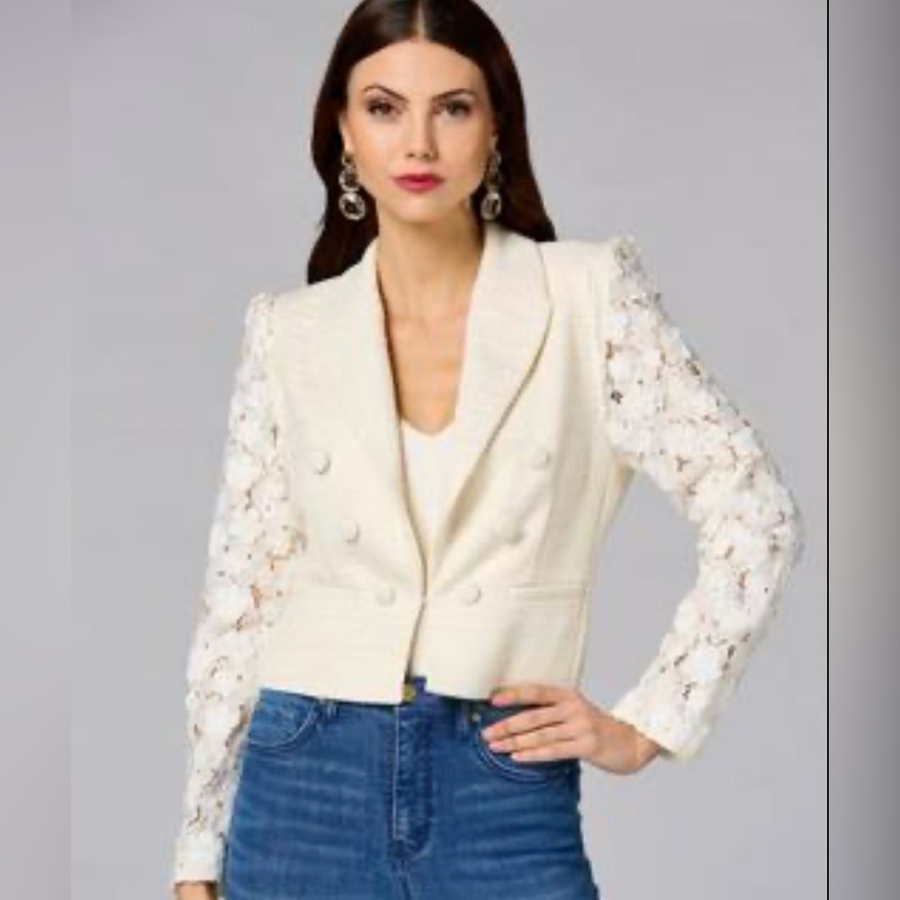 Caché Ivory 3D Floral Lace Blazer Lady Jacket Size L Single‎ Front Closure